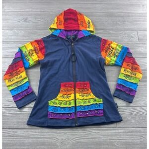 Agan Traders Rainbow Patchwork Zip Hoodie Navy Blue Boho Tribal Cotton Large